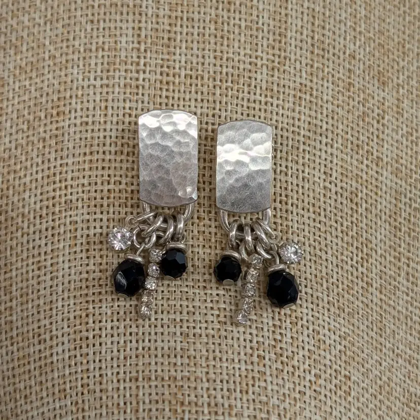 Vintage Marjorie Baer Hammered Silver Tone Dangle Earrings Rhinestones San Fran