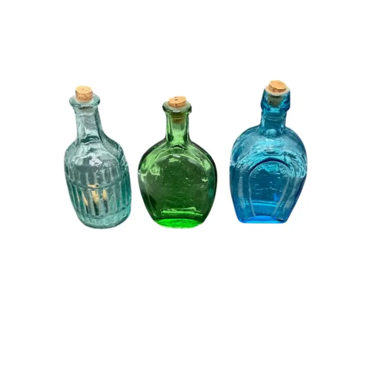 3 Vintage Mini Glass Bottles 3” Tall. Ben Franklin, Horse Shoe & Roddy Bitters