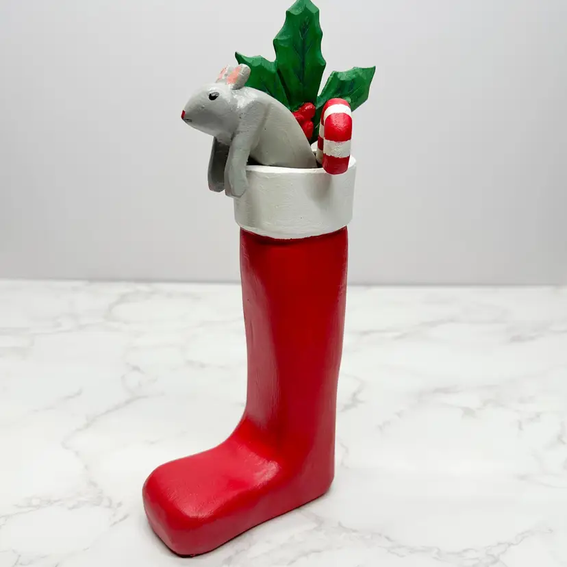 Vintage Handmade Stocking Mouse Candy Cane Wooden Sculpture Figurine Mistletoe Xmas