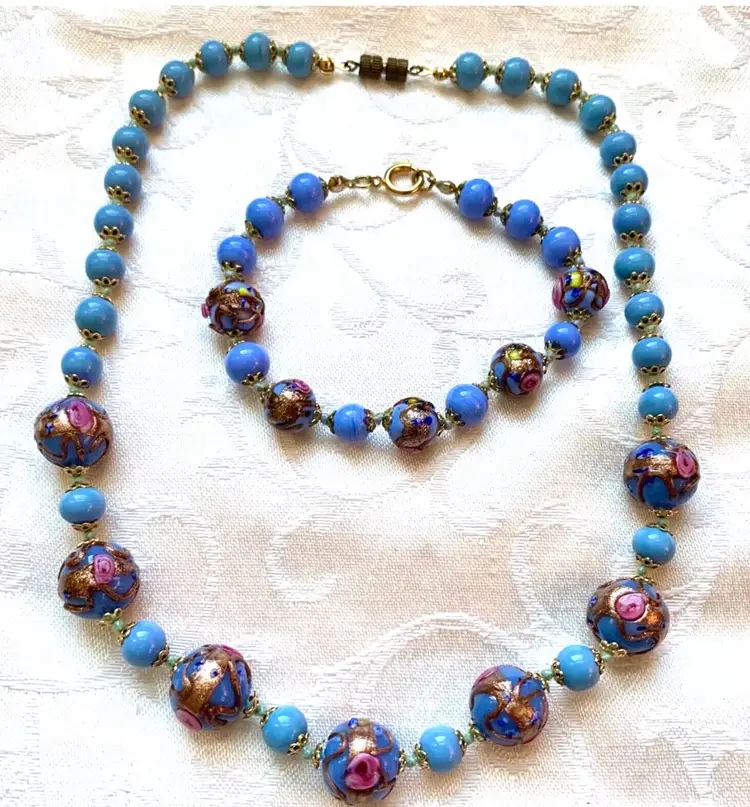 Stunning Venetian Murano Wedding Cake Glass Necklace And Bracelet 