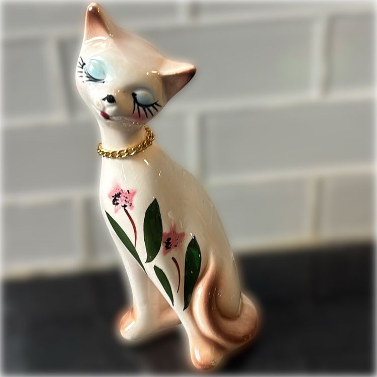 Adorable Vintage 1950s 1960s Long Necked Cat Figurine Floral Design Glazed Tall Cute One Tiny Flea Bite On Paw