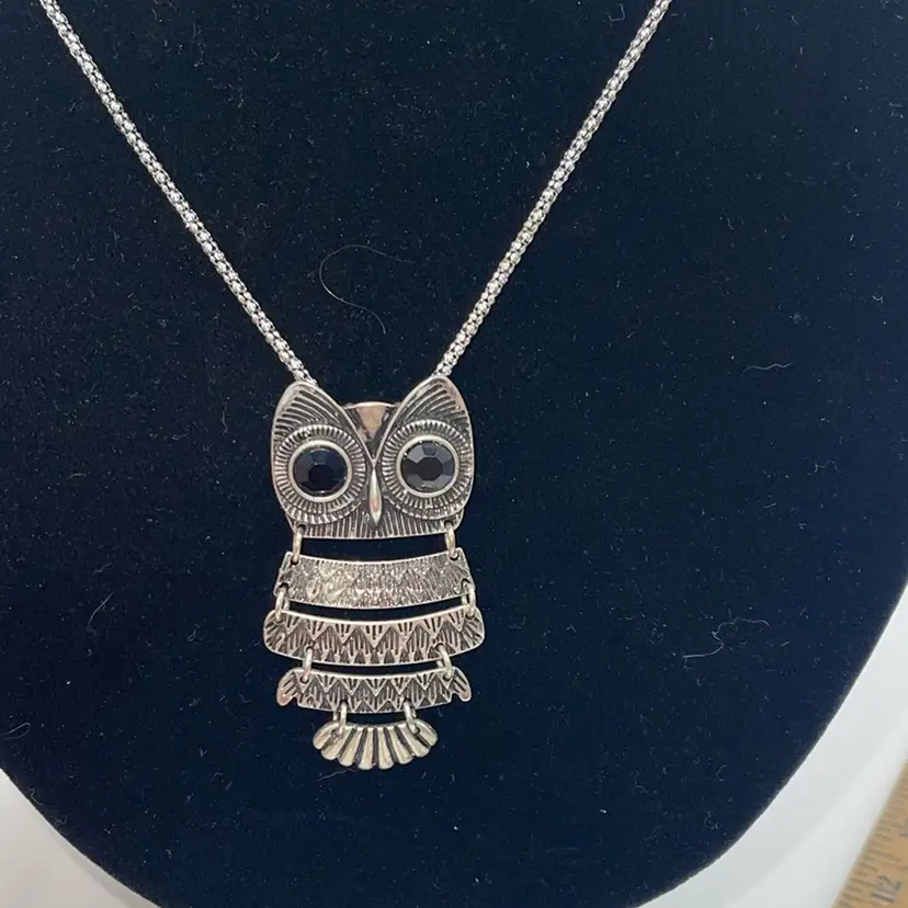 24” Silvertone Necklace With Owl, Pendant, Black Eyes