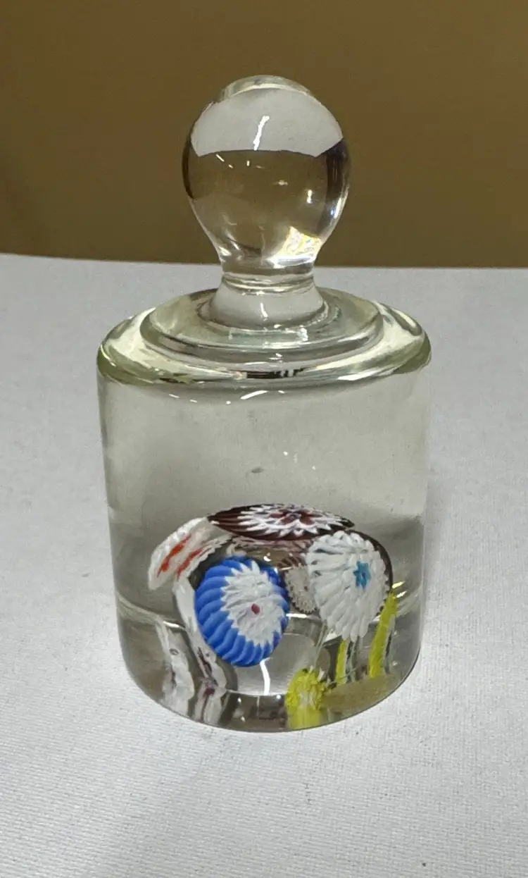 Fratelli Toso Murano Art Glass Millefiori Knob Top Paperweight uranium glow 5”