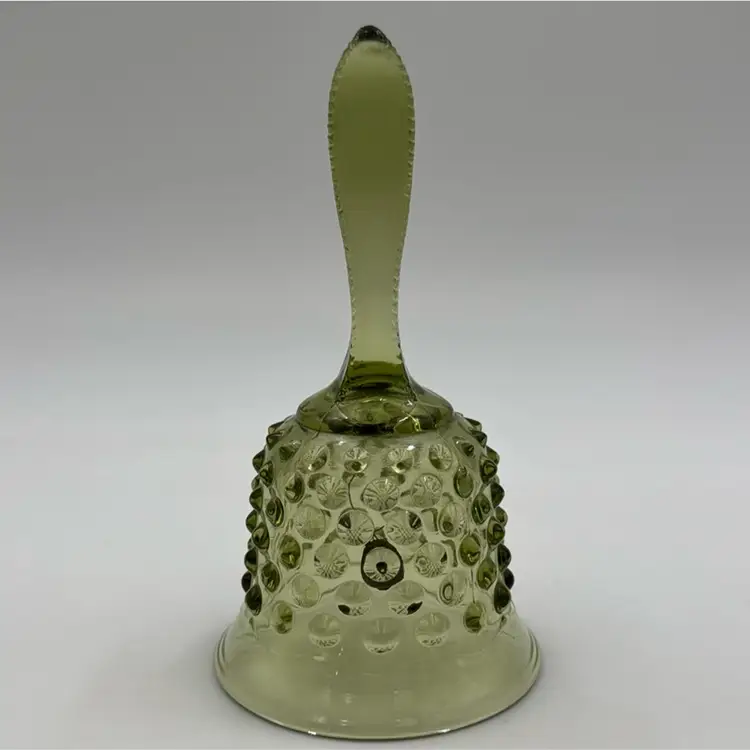 Vintage collectible avocado green Fenton hobnail colonial glass bell with clapper