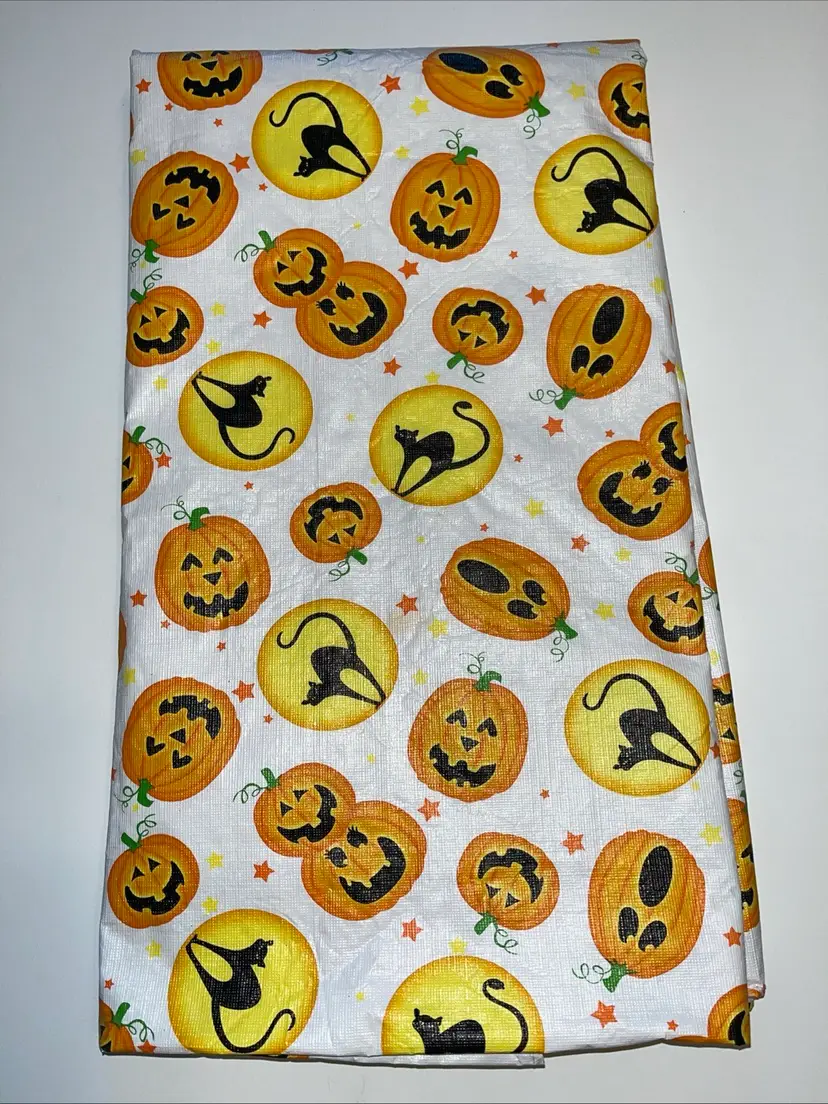 Vintage Vinyl Flannel Back Halloween Tablecloth 52 X 70 Moon Black Cat Pumpkins