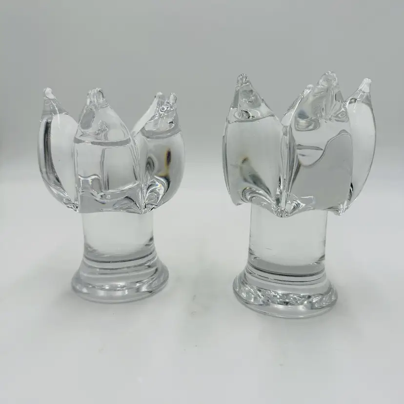 2 Kosta Boda Goran Warff Clear Glass Candlestick Holders 5.25in Signed Vintage