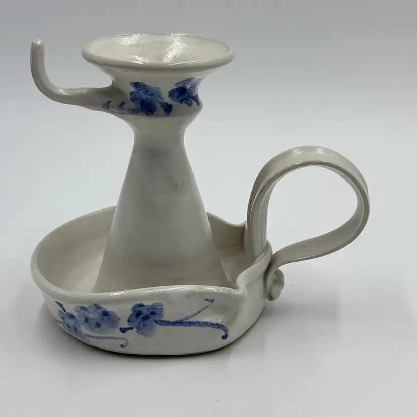 Pottery Colonial Chamber Candlestick Holder With Snuffer Hook White Blue Floral