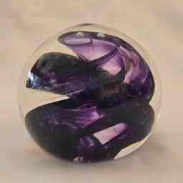 Paperweight Swirl Art Glass Purple 3" diameter Signed (Unreadable) Rough Pontil