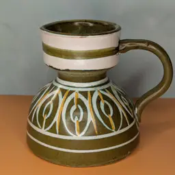 Italian Pottery Signed Olive Green Pitcher With Hand Painted Design