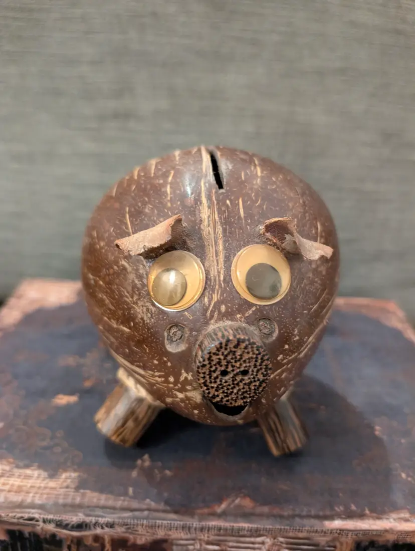 Vintage Handcrafted Coconut Pig Bank With Removable Wood Stopper