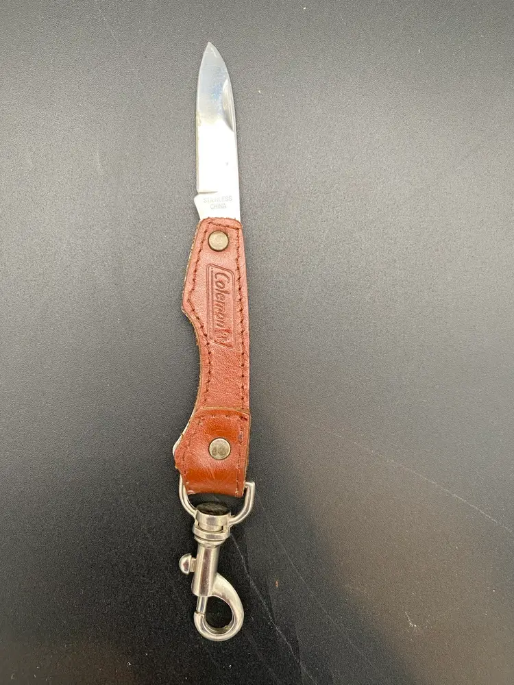 Coleman VTG Single Blade Folding Pocket Knife Keychain w/ Brown Leather Handle