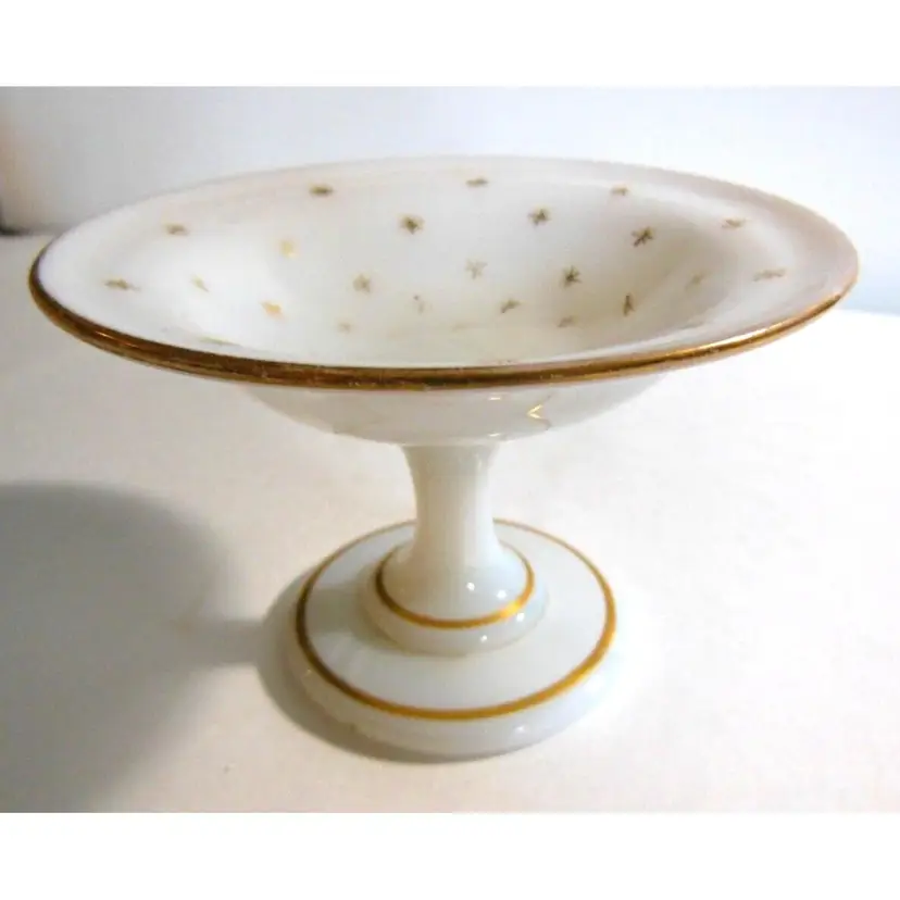 Antique Portieux Vallerysthal French White Opaline Glass Footed Dish, Gold Stars