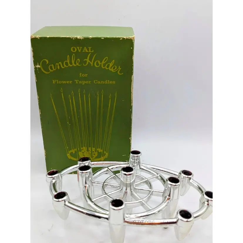 MCM Oval Candle Holder for Flower Taper Candles Colonial Candle Co Silvertone