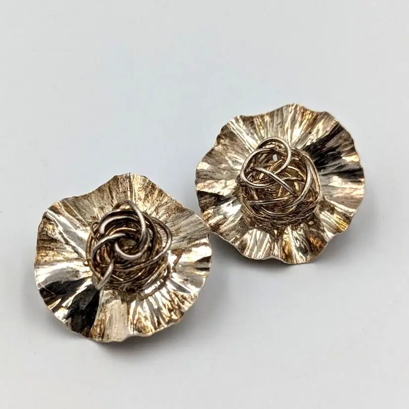 Sterling Silver Earrings 925 Modernist Artist Made Flower Style Omega Clasp