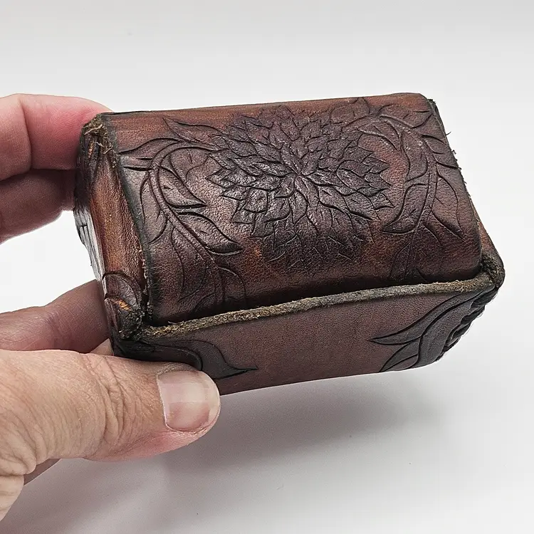 Vintage Hand-Tooled Leather Floral Box Whip-Stitched Storage Case