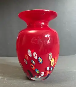 Murano Italian Art Glass Red Vase Hand Blown Millefiori Art Glass Vase