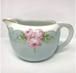 Antique R S Germany Reinhold Schlegelmilch Cider Pitcher Blue Pink Roses 5 1/2” Hand Painted