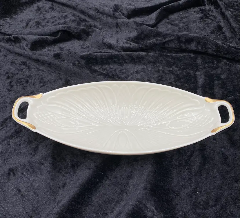 Vintage Lenox Monaco Ivory Oval Relish Dish, Handles, 24K Gold, USA, 11.25"