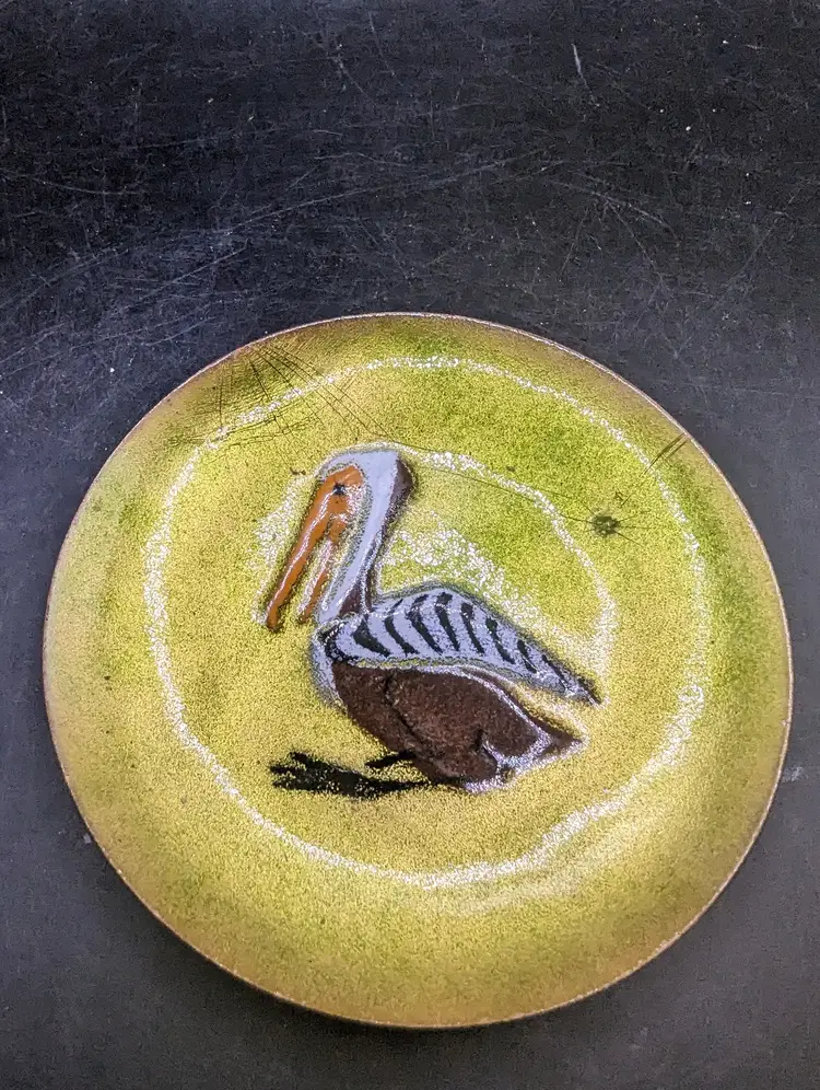 Vintage Annemarie Davidson Hand Crafted Enamel on Copper Bowl with Pelican As Is