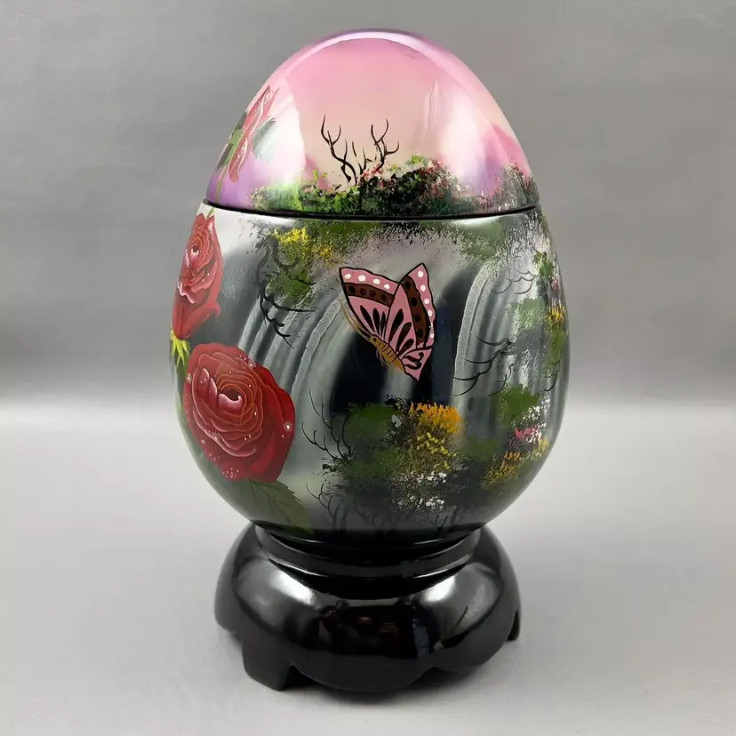 Vintage Hand Painted Butterfly Flowers Lacquer Wood Egg Storage Box Made In Vietnam