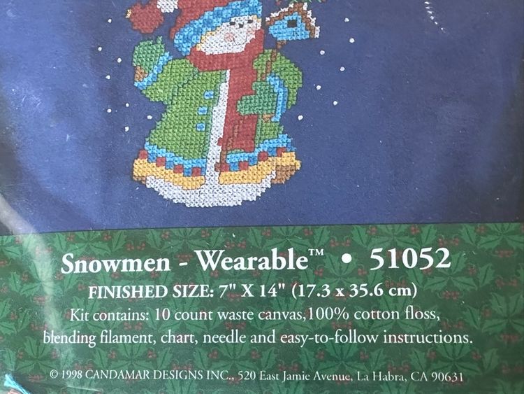 Vtg Candamar Holiday Traditions Snowmen Wearable Cross Stitch Kit 51052 NEW