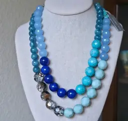 Cookie Lee Layered Blues Greens Plastic Bead Crystal Accent Necklace