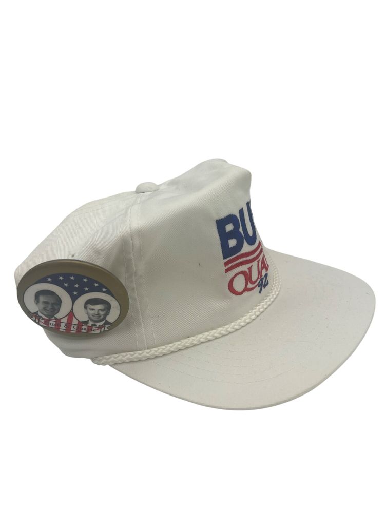 Bush Quayle ’92 Campaign Rope Hat + Button, Appears Signed George H. W. Bush