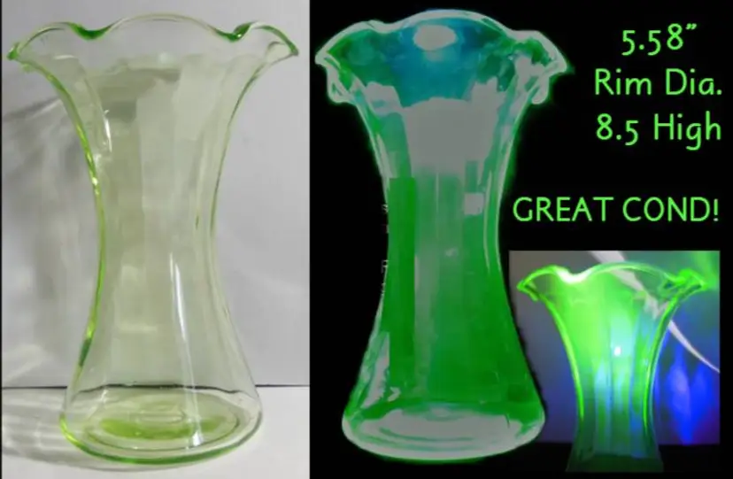 1930s Rare Uranium Glass Ruffled, Crimped Vase, Poss. AH