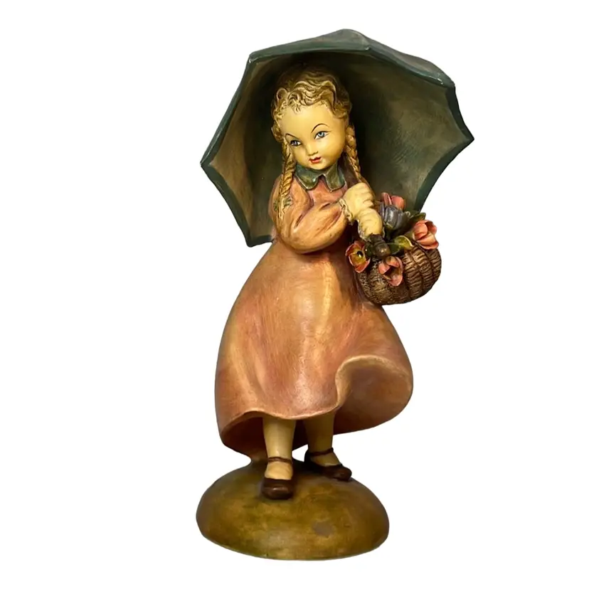 Vintage Made in Italy Figurine Umbrella Girl W Flower Basket Signed