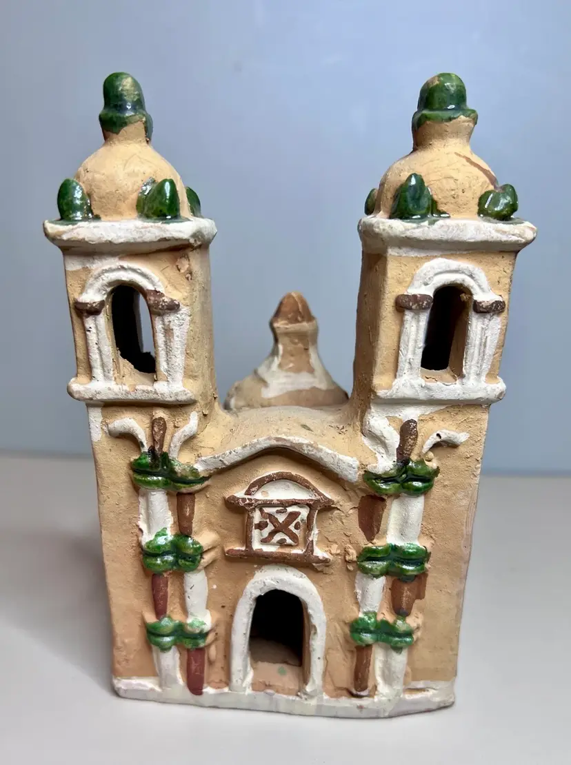 Vintage Folk Art Clay Peruvian Mission Church 6”