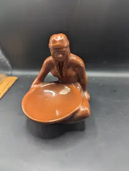 Vintage Mid Century Frankoma Pottery No. 123 seated Native American Maiden With Bowl, Designed by Cherokee Sculptor Willard Stone.