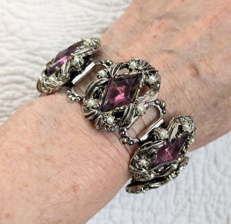 Vintage Chunky Silver Tone Bracelet with Purple Glass Cabochons and Seed Pearls