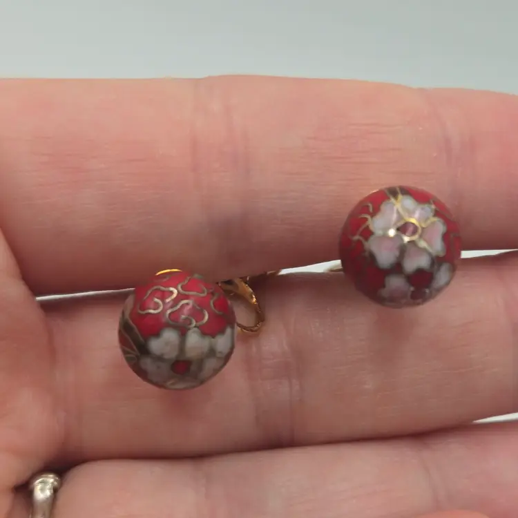 Vintage Cloisonne Floral Ball Bead Red Stud Gold Filled Clip On Earrings