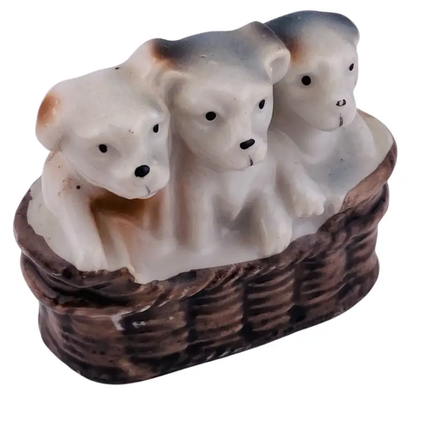 Vintage Figurine Puppies Dogs In Basket Porcelain Occupied Japan Retro Cottage