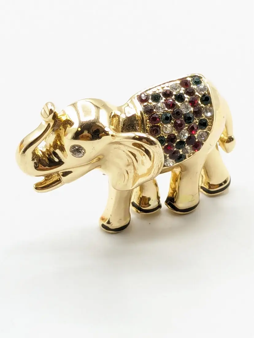 Vintage Napier Elephant Brooch Pin Patriotic Red White Blue Gold Tone Trunk Up