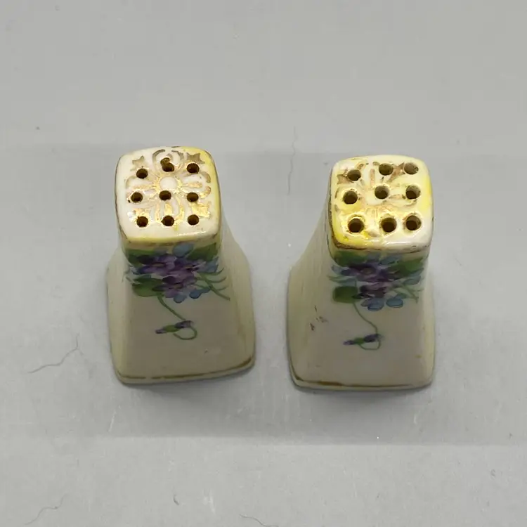 Vintage Hand Painted Square Pillar Porcelain Salt Pepper Shakers Purple Violets
