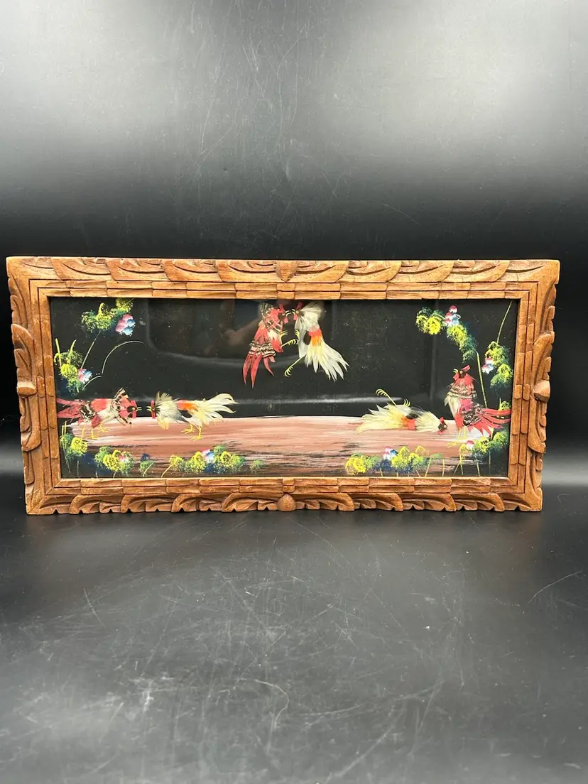 Vintage Carved Wooden Framed Feather Craft Fighting Roosters Mexico