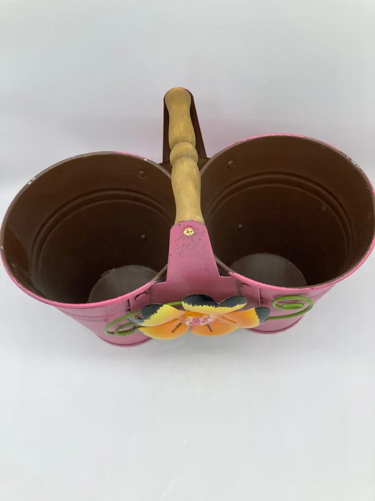 Pink Metal Double Bucket with Handle and Flower