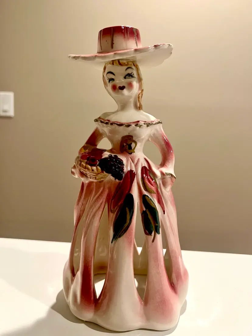 Vintage Kitsch Pink Lady Napkin Holder Candle/pin cushion Hat Figurine Made In Japan