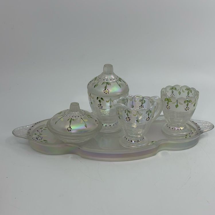 Hard To Find Vintage Fenton Opalescent Hand Painted English Daisy Mini Tea Set Signed 10”