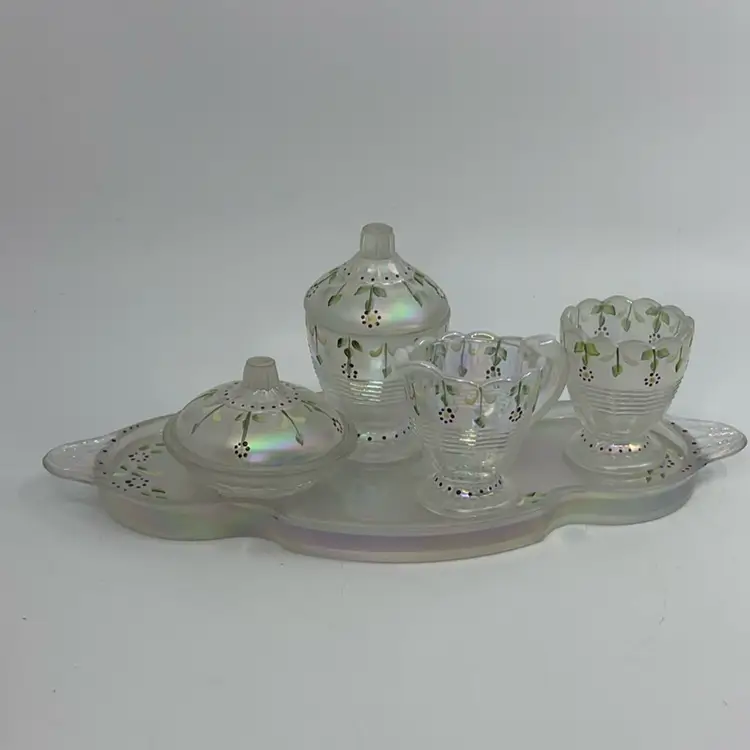 Hard To Find Vintage Fenton Opalescent Hand Painted English Daisy Mini Tea Set Signed 10”