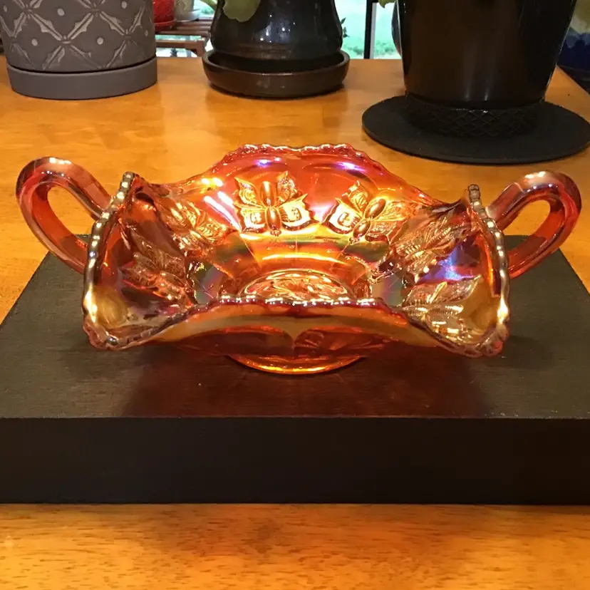 Fenton Orange Marigold Carnival Butterfly Glass Dish With Handles