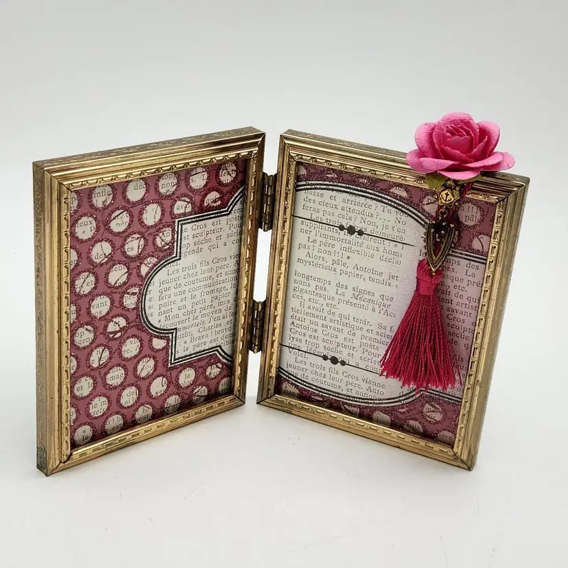 Handmade PINK Double  Frame Decor Piece with vintage jewelry dangle, glitter, paper rose  7" x 4"-ish