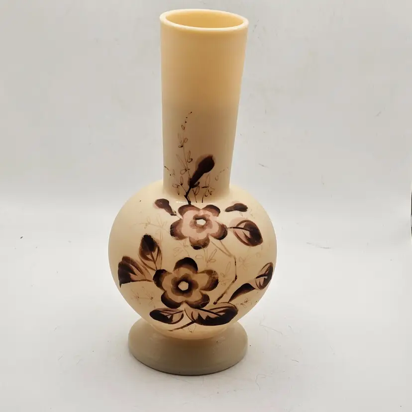 Satin Glass Vase Floral Design Bohemian Mark On Bottom 7.5"