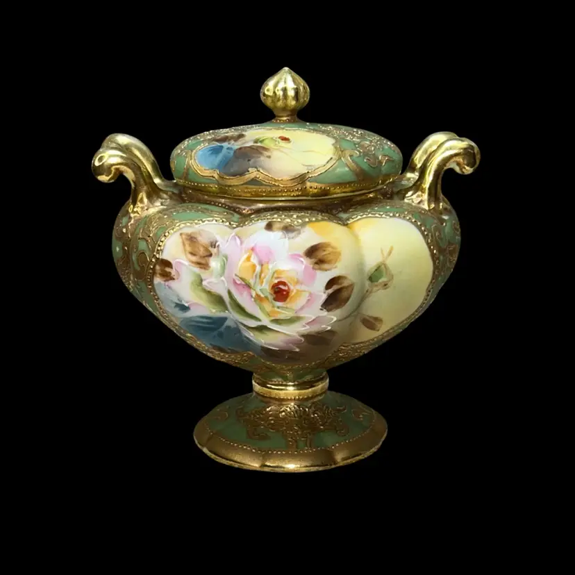 Antique Art Deco Porcelain Intricate Hand Painted Sugar Bowl By Nippon 1891-1920