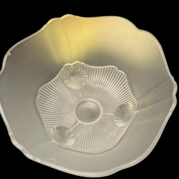 Lancaster Glass Kay Clear Frosted 3 Toed Satin Crimped Bowl circa 1930's Vintage