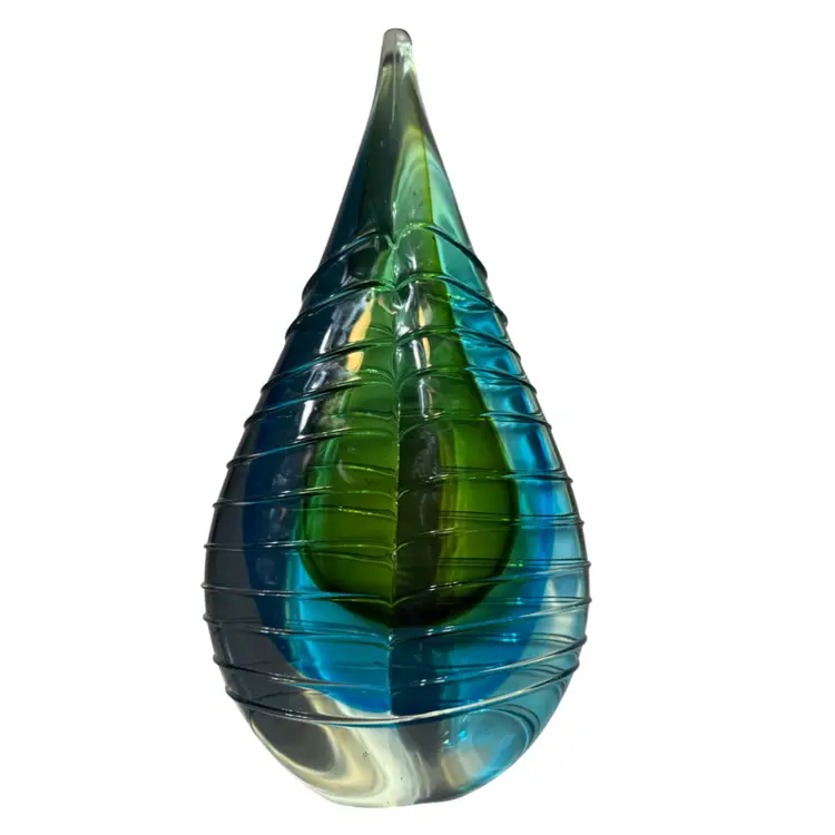 Decorative Blown Art Glass Tear Drop Blue & Teal Green Ribbed 11”x5”