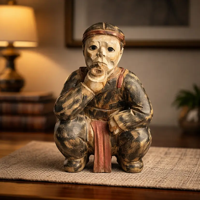 Vintage Hand Carved Wood Sculpture of Man Smoking a Pipe, 9" Tall