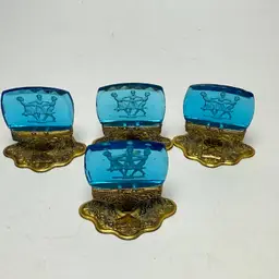 Vintage Czech Moser Blue Intaglio Cut Glass Place Card Holders Set 4 Brass Base
