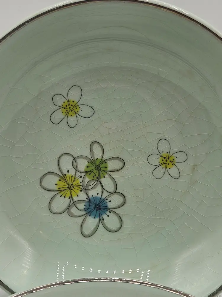 4 Nobility Permaware Vintage Mint Green Floral Fruit Berry Bowls, 5.25", Crazing